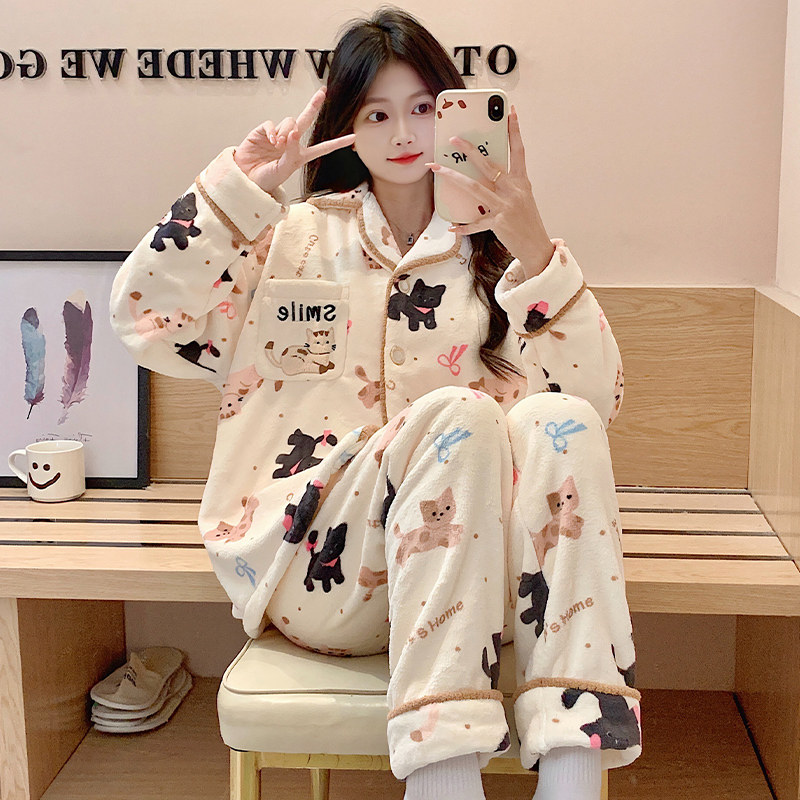 珊瑚绒睡衣女款秋冬季加绒加厚卡通可爱长袖法兰绒冬款家居服套装