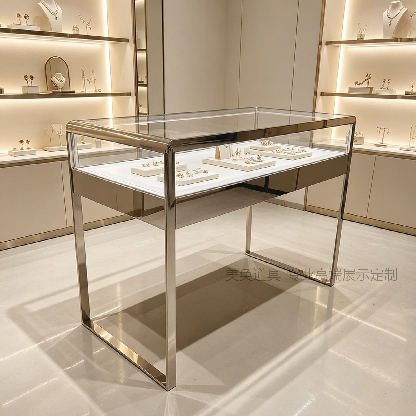 美奂道具不锈钢玻璃饰品展示柜现代简约风定制可移动女性首饰架