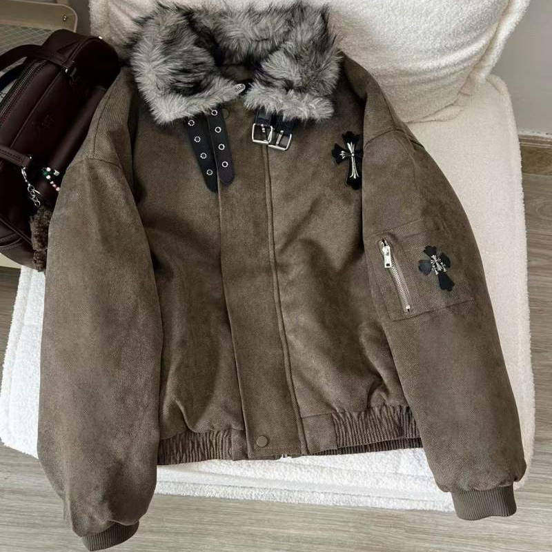 情侣款毛领座山雕棉服外套女十字架加绒加厚夹克冬季新款棉衣潮