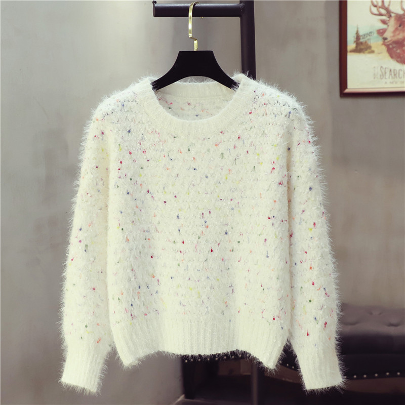 甜美小清新圆领套头毛衣女秋冬慵懒宽松马海毛针织衫短款百搭上衣
