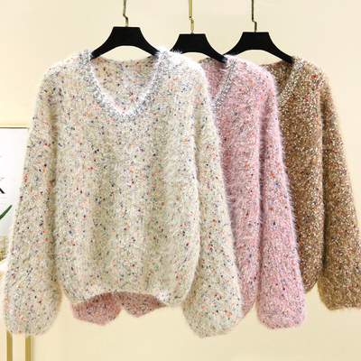 甜美温柔宽松软糯马海毛V领毛衣