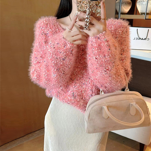 甜美穿搭慵懒宽松毛衣女秋冬加厚V领粗毛线短款软糯马海毛针织衫