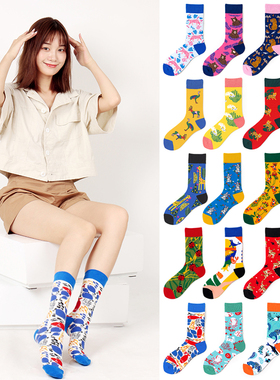 新趣味动物豹虎兔鹿鱼彩色动感街头时尚个性ins男女中筒棉袜