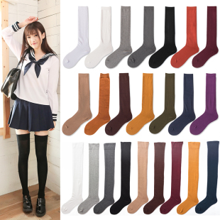 新品 百搭学生女士日系过及膝小大腿长高筒袜 平板纯色全棉时尚
