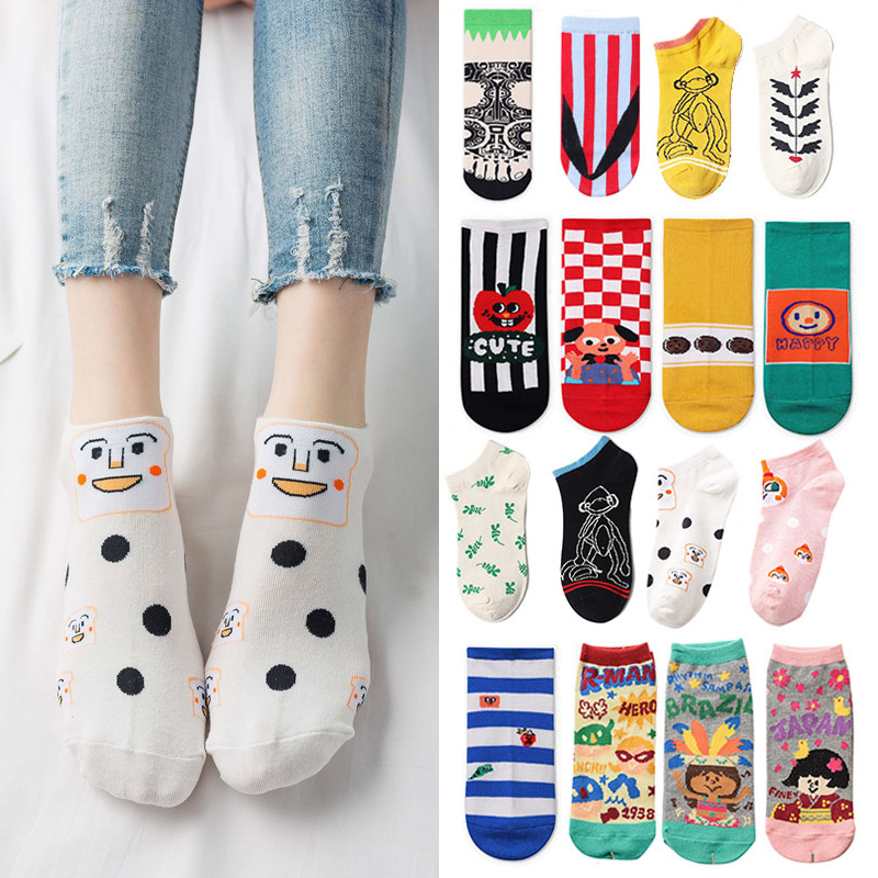 清仓春夏女士卡通动漫动物花朵甜美猫咪狗狗趣味插画时尚棉袜船袜