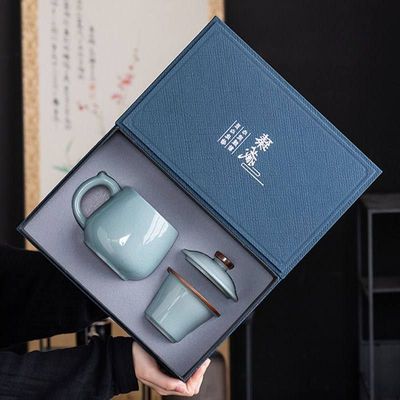 汝窑天青办公杯茶水分离带盖陶瓷