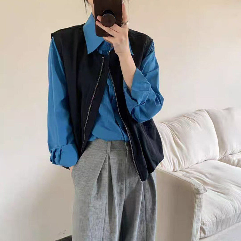 韩系工装风无袖马甲女春外搭叠穿背心宽松显瘦坎肩上衣拉链马夹