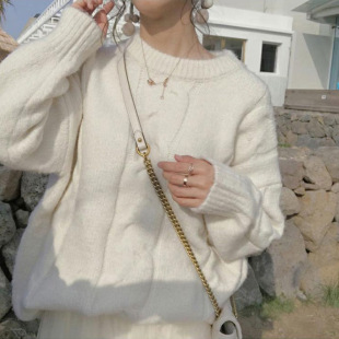 软奶蓝色日系大码毛衣女2026春新款慵懒风宽松外穿套头针织衫