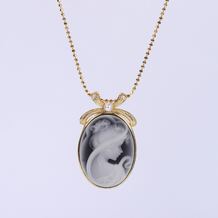 卡梅奥玛瑙吊坠女复古浮雕头像天然珍珠点缀纯银镀金镶嵌项链女款