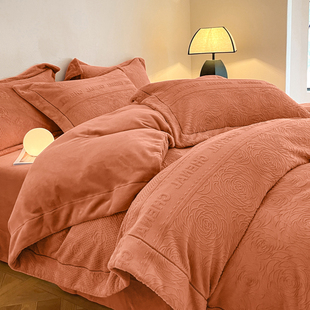 法式雕花珊瑚绒四件套2023新款冬季加厚加绒牛奶绒的被套简约轻奢