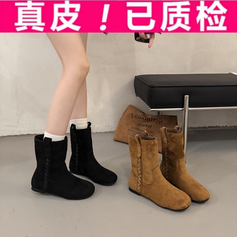 平底瘦瘦靴复古棕色短靴女鞋