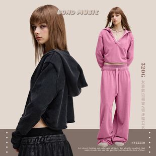 BM女装|秋冬美式复古做旧短款女士大码连帽卫衣V领宽松长袖t恤女