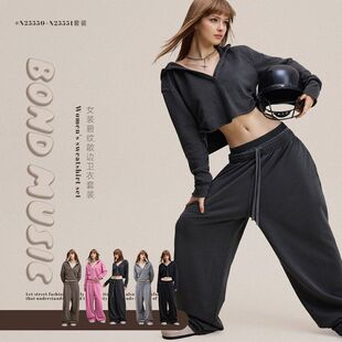 BM女装2025秋季欧美辣妹V领连帽卫衣长袖T恤双腰头休闲裤套装女