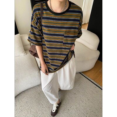 司南早春新款复古撞色条纹圆领