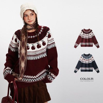 HeyHenry套头情侣圆领毛衣费尔岛男女秋冬季宽松慵懒复古针织衫