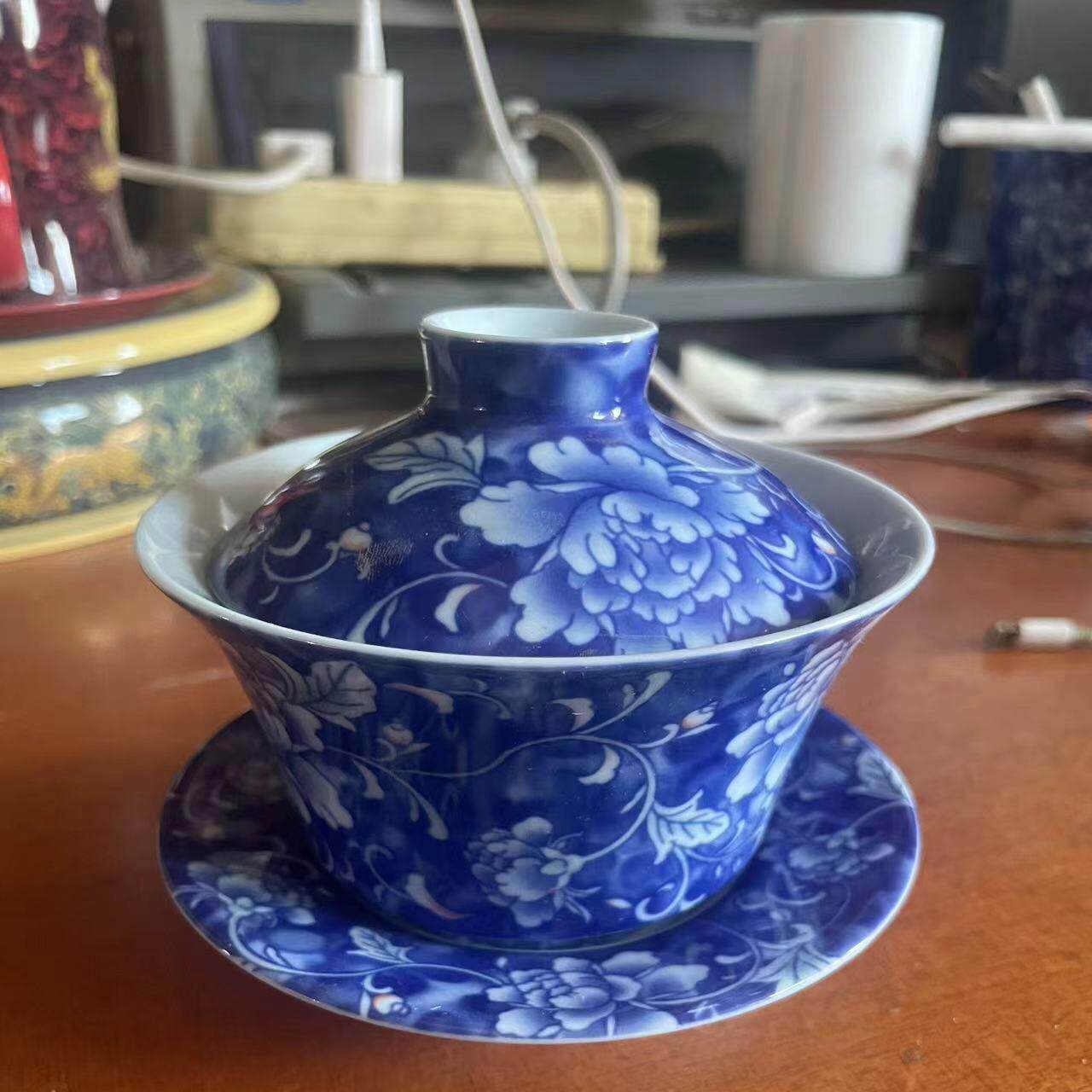 蓝牡丹盖碗陶瓷家用台湾建窑茶碗