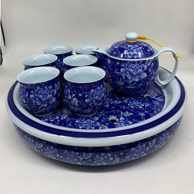 蓝牡丹功夫茶具建窑陶瓷沥水圆盘