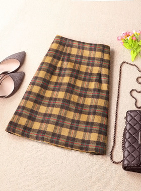 冬季毛呢格子半身裙2023新款复古韩版高腰显瘦加厚a字短裙