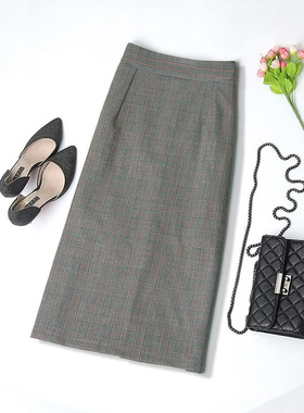 格纹半身裙女2025春夏新款高腰开叉包臀裙时尚显瘦中长款一步裙子