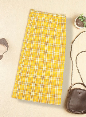 格子半身裙女2020春夏新款韩版包裙裙开叉一步裙中长款学生裙子