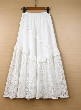 欧洲站2025春新松紧腰仙女风不规则木耳花边拼接蕾丝提花半身裙女