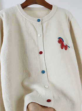 欧洲站小马刺绣灰色针织开衫女秋冬2025新款宽松休闲百搭圆领上衣