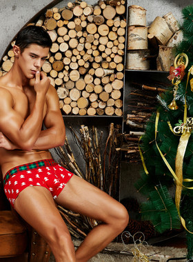 SEOBEAN男士内裤 弹力棉圣诞元素系列明筋U凸单层低腰平角裤90209