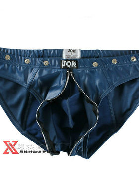 型男映画男士内裤 舞台装走秀服压光仿皮拉链U凸低腰三角裤 JQ301