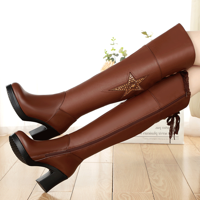 真皮过膝靴女秋冬保暖高跟长靴大码中跟长筒骑士靴粗跟加绒女皮靴,女鞋,骑士靴,淘宝优惠券,粉丝福利购,淘宝优惠卷