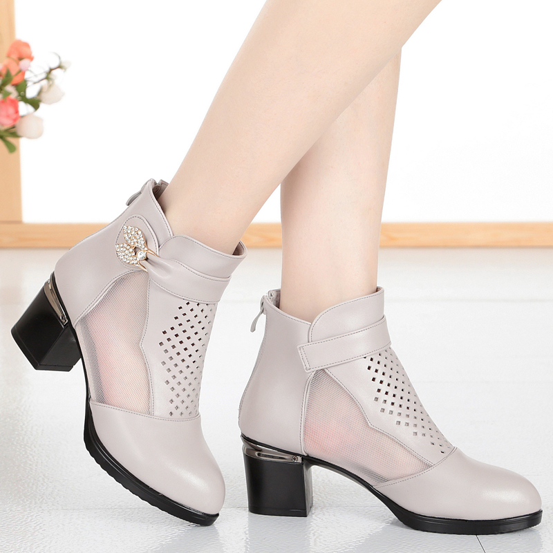 新款夏季网靴大码中跟春秋妈妈鞋