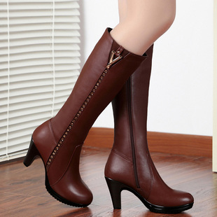 新款真皮女靴高跟高筒靴粗跟长筒靴马靴女鞋2025秋冬季中筒棉靴子