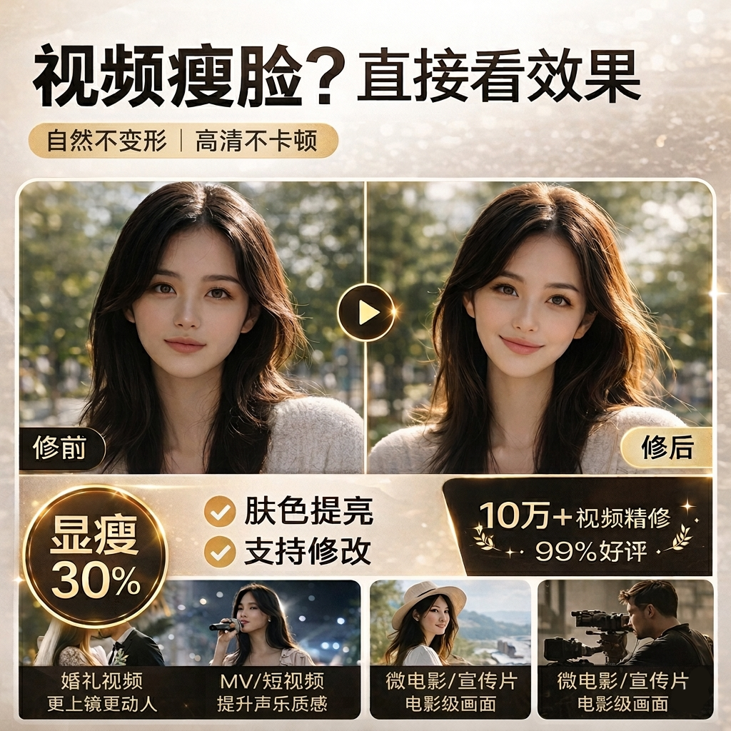 视频人物精修改美化瘦脸长腿婚礼像颜瘦p图磨皮调色旅拍结婚后期