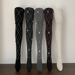 小众可外穿加厚打底裤 菱形格烫钻叠纱蝴蝶珍珠小钻时尚 设计款 冬季