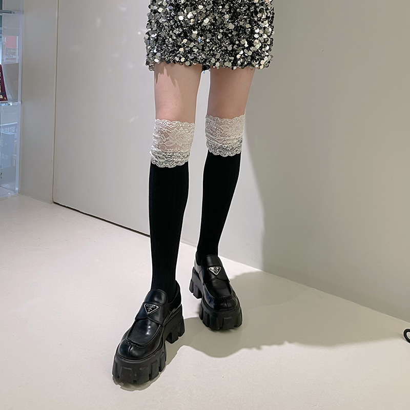女棉蕾丝大花边中筒袜