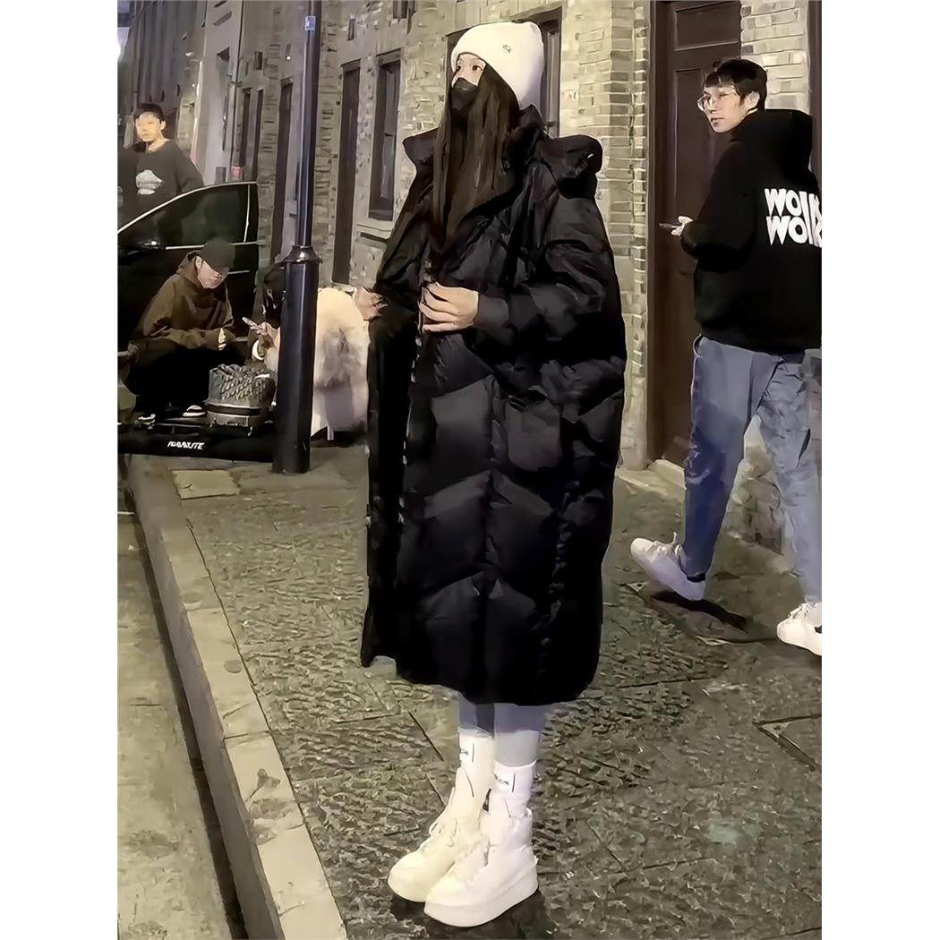 黑色过膝长款羽绒服女2025冬季新款韩版时尚连帽宽松加厚保暖外套