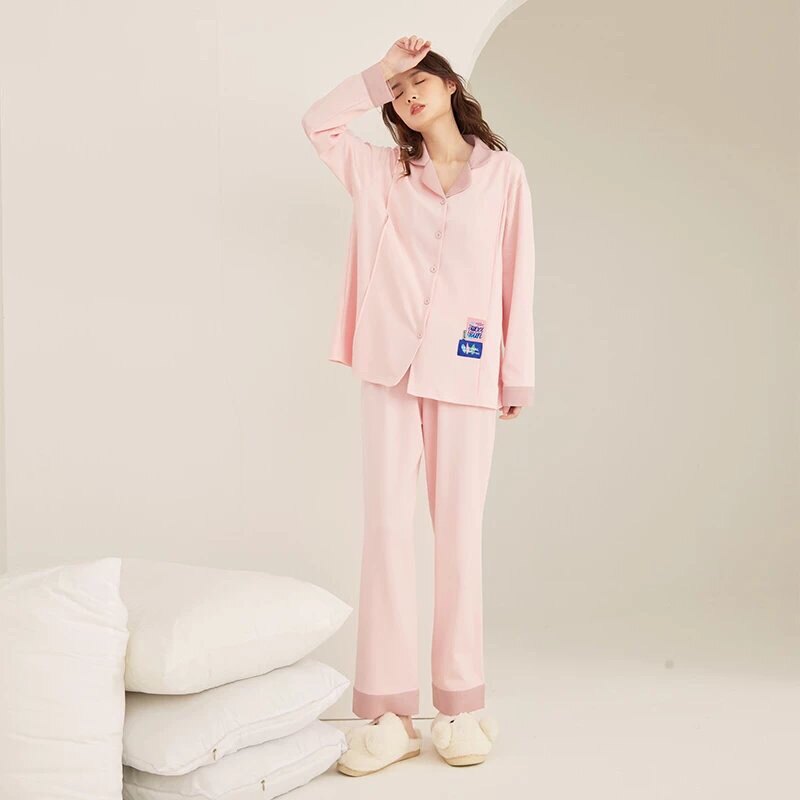 임신 색상 봄과 가을 친수성 면화 가정 의류 느슨하고 편안한 간호 복 감금 복장 잠옷