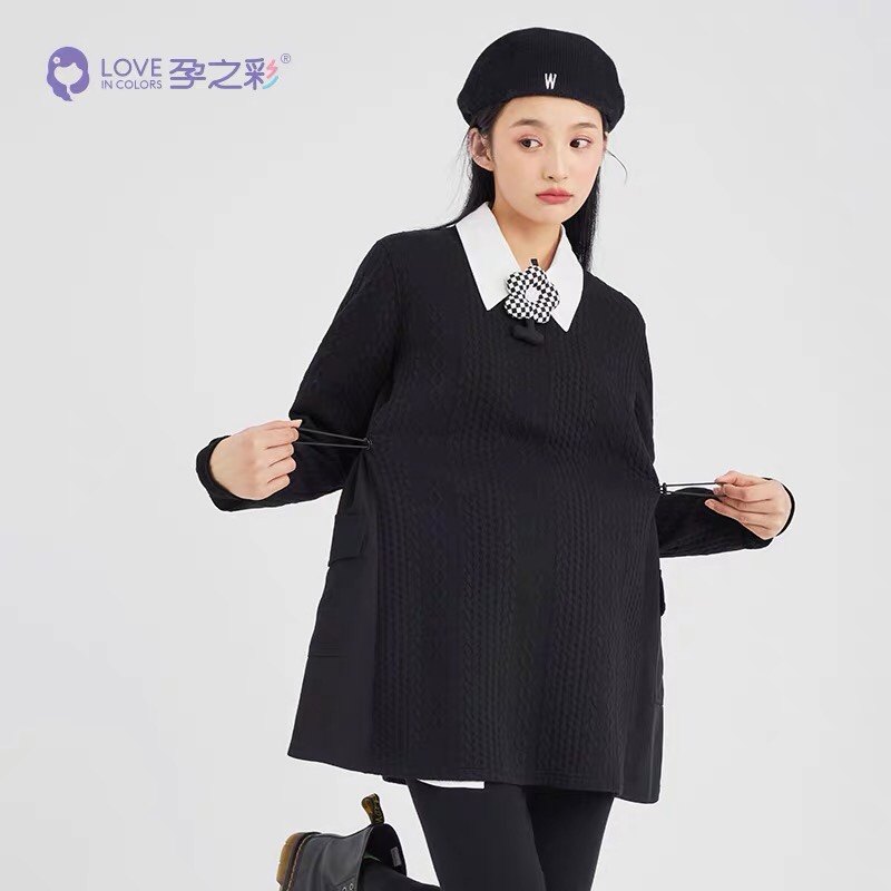 임신 색상 출산 봄 가을 탑 세련된 맞춤형 스플 라이스 느슨한 긴팔 라운드 넥 스웨트 대형 가을 옷
