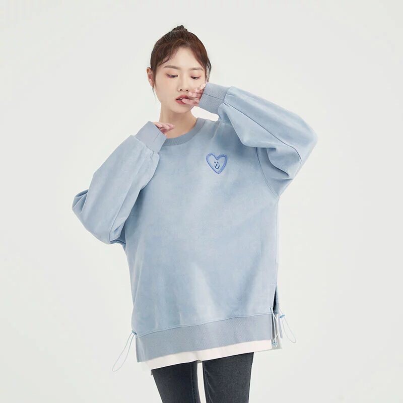 출산 색상 가을 가짜 투피스 에어 레이어 피부 친화적인 라운드 넥 스웨트 셔츠 다목적 풀오버 탑