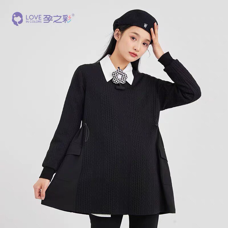 임신 색상 출산 봄 가을 탑 세련된 맞춤형 스플 라이스 느슨한 긴팔 라운드 넥 스웨트 대형 가을 옷