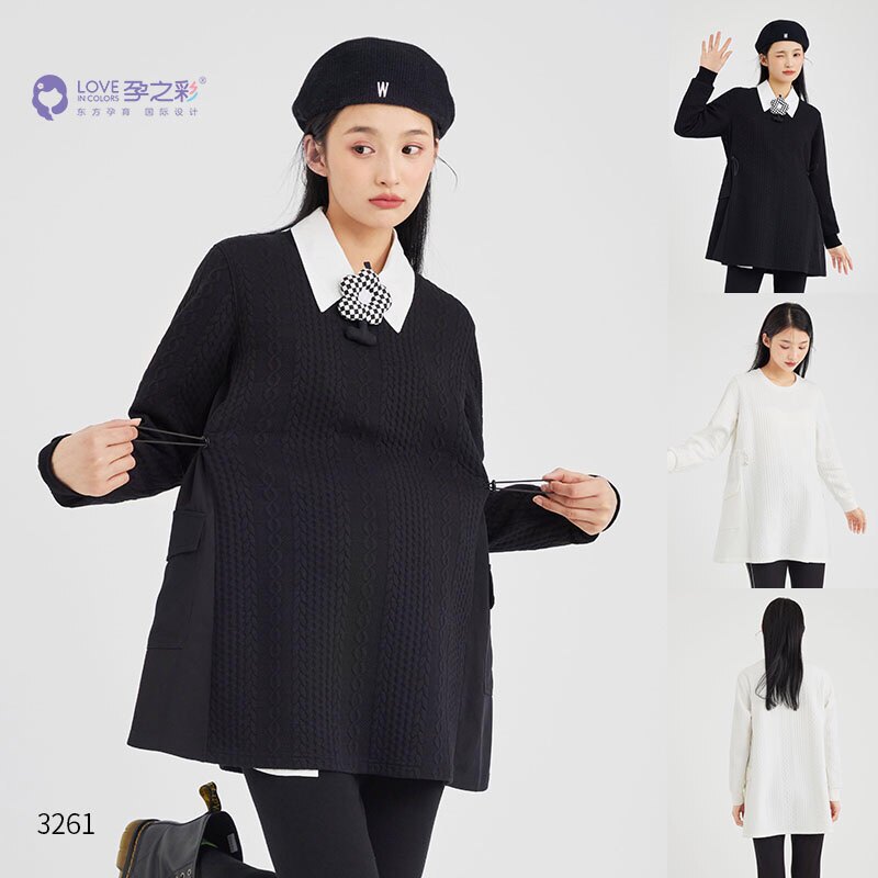 임신 색상 출산 봄 가을 탑 세련된 맞춤형 스플 라이스 느슨한 긴팔 라운드 넥 스웨트 대형 가을 옷