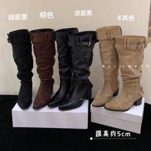 2025冬新款褶皱堆堆靴欧美西部牛仔靴粗跟长筒骑士长靴子女不过膝
