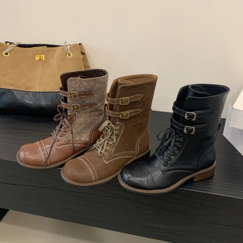 马丁靴女系带皮带扣机车靴真皮