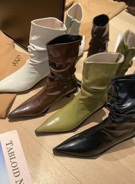 法式尖头褶皱堆堆靴女秋冬