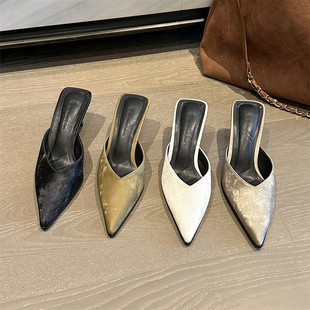 2025年尖头名媛凉拖性感懒人拖鞋春新款时尚包头半拖鞋细高跟鞋子