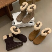 厚底内增高雪地靴女2025年新款 冬季 磨砂真皮羊羔毛保暖加绒勃肯靴