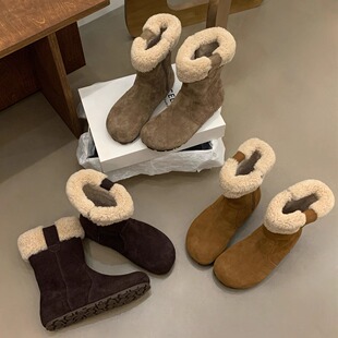 厚底内增高雪地靴女2025年新款冬季磨砂真皮羊羔毛保暖加绒勃肯靴