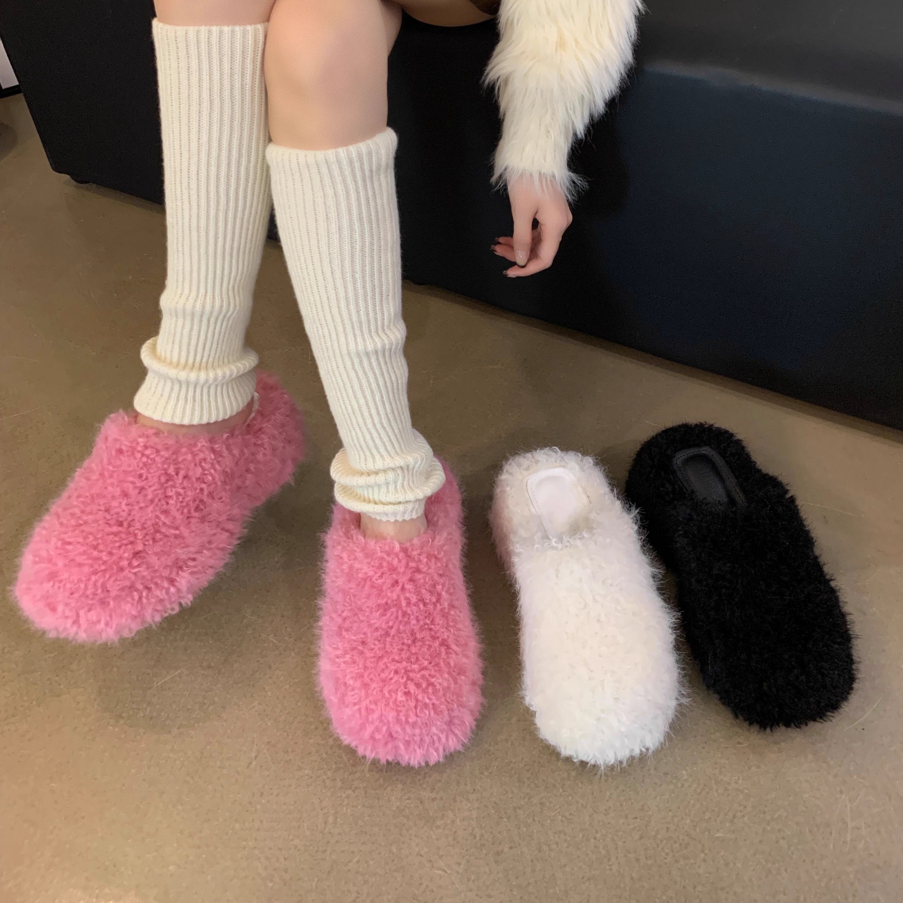 秋冬厚底超高跟圆头毛毛鞋