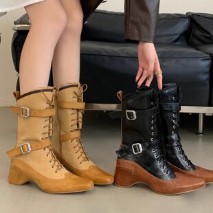 小众设计坡跟方头马丁靴戚薇同款2025夏复古绑带瘦瘦靴皮带扣短靴