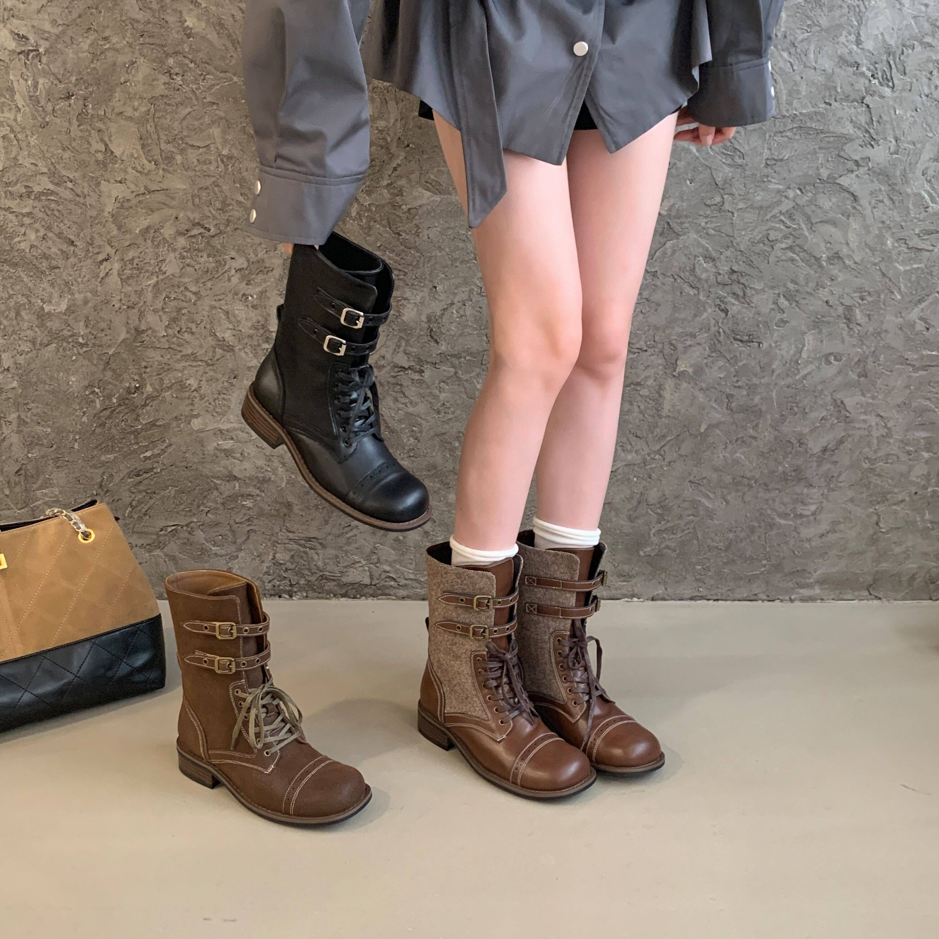 2025秋冬新款复古做旧款英伦马丁靴圆头系带粗跟机车靴骑士靴短靴