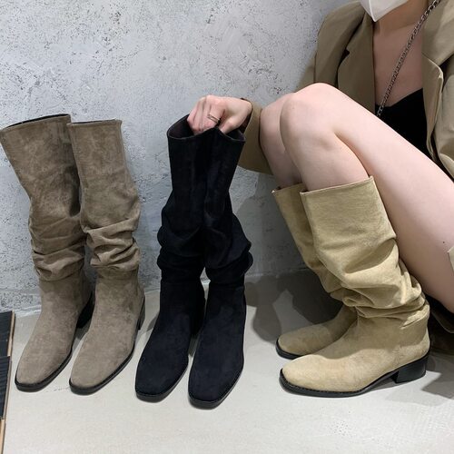 粗跟长靴女不过膝堆堆骑士长筒靴